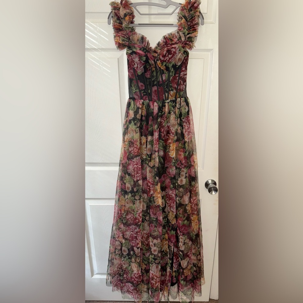 Floral Corseted Ruffle Sleeve Off Shoulder Gown